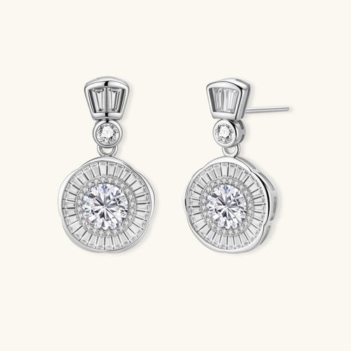 Art Deco-inspired sterling silver drop earrings with tiered moissanite stones in geometric sunburst design