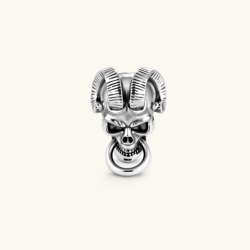 Silver 316L stainless steel stud earring shaped as a horned demon skull with ram horns and a dangling mouth ring.