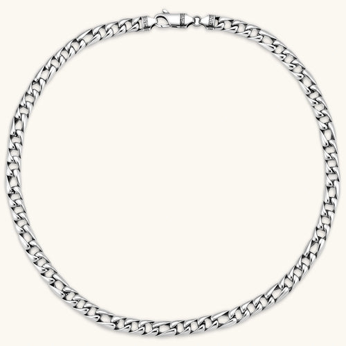 Polished 316L stainless steel Cuban link chain necklace, 9.6mm wide, with Greek key lobster clasp, silver tone.