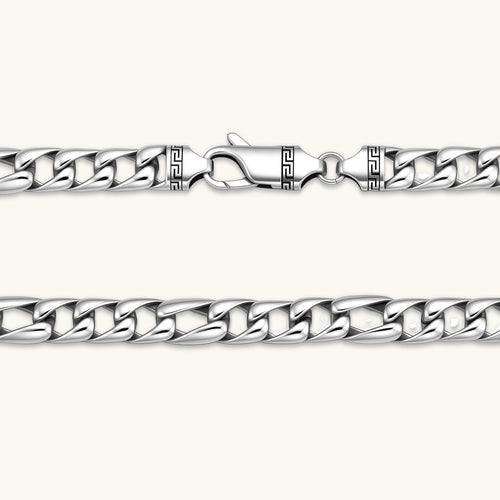 Polished 316L stainless steel Cuban link chain necklace, 9.6mm wide, with Greek key lobster clasp, silver tone.