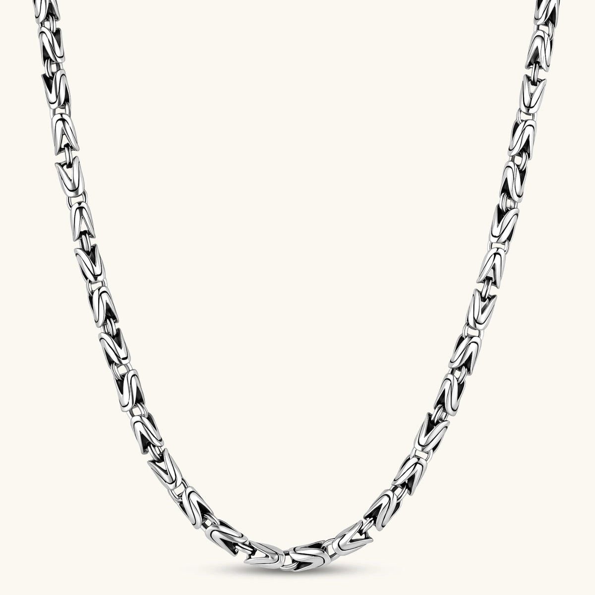 Men's antique silver Byzantine chain necklace, 6.2mm wide interlocking S-link pattern with ornate lobster clasp, 560mm length.