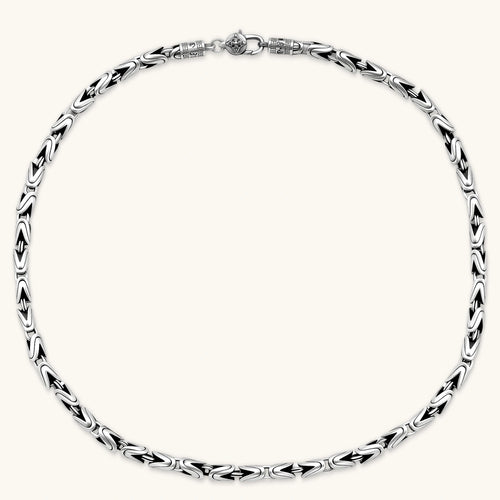Men's antique silver Byzantine chain necklace, 6.2mm wide interlocking S-link pattern with ornate lobster clasp, 560mm length.