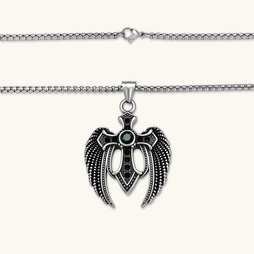 Silver stainless steel angel wing cross pendant necklace with green CZ center stone and black crystals on a box chain.