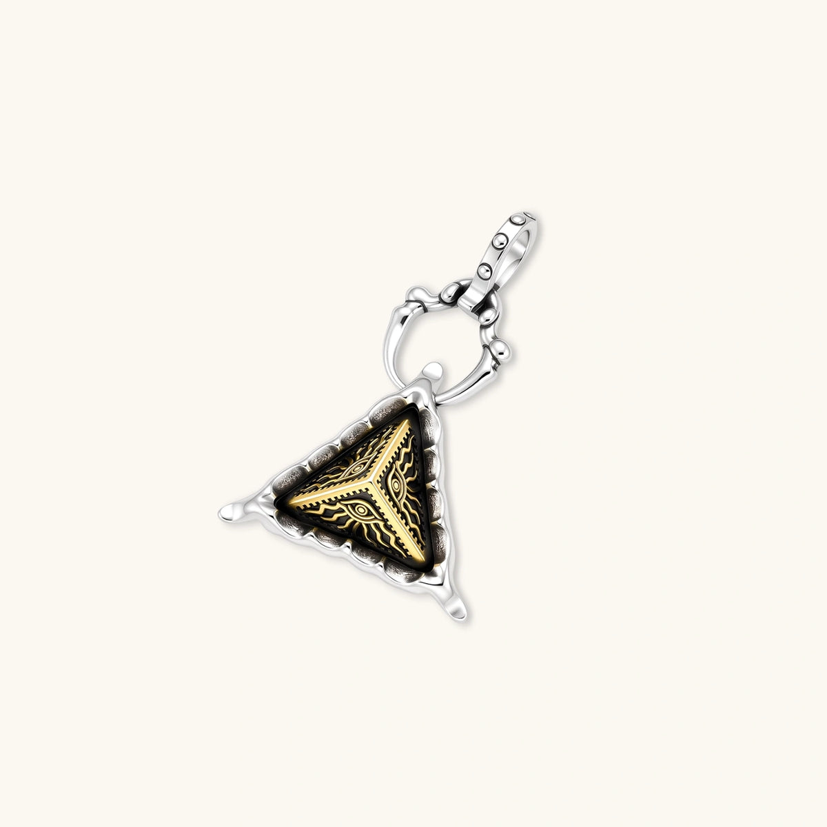Silver cable-chain necklace with a black triangle pendant featuring gold all-seeing eye engraving and claw-tip frame, 316L stainless steel.