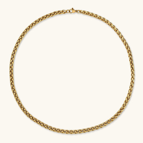 18K gold-plated stainless steel wheat chain necklace, 4.2mm wide, with lobster clasp, on off-white background.