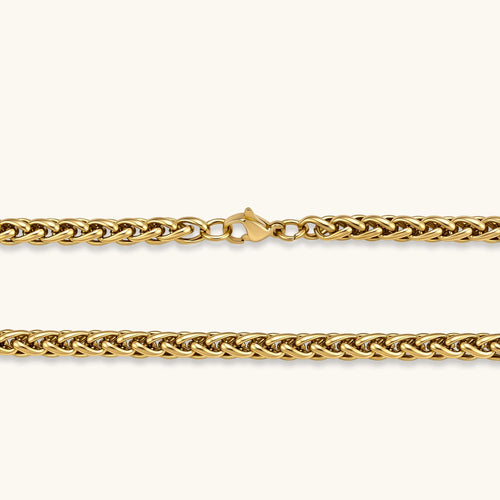 18K gold-plated stainless steel wheat chain necklace, 4.2mm wide, with lobster clasp, on off-white background.