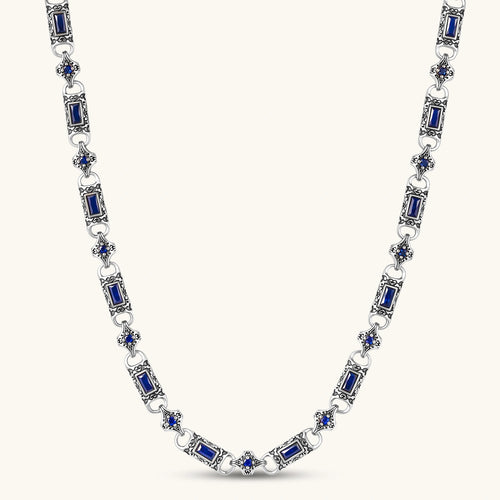 Oxidized silver 316L stainless steel chain necklace with rectangular navy CZ links and ornate gothic connector pieces, 640mm.