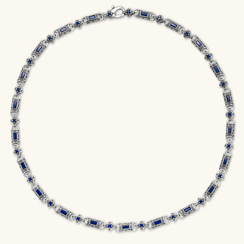 Oxidized silver 316L stainless steel chain necklace with rectangular navy CZ links and ornate gothic connector pieces, 640mm.