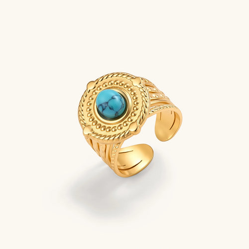 18K gold PVD stainless steel open signet ring with round turquoise cabochon, rope-twist border, beaded detail, multi-band shank.